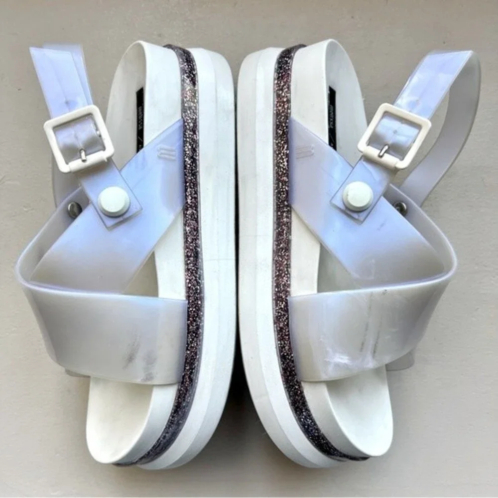 Melissa Awaytomars White Cosmic Sandals II Glitter Platform Soles Women’s Size 6